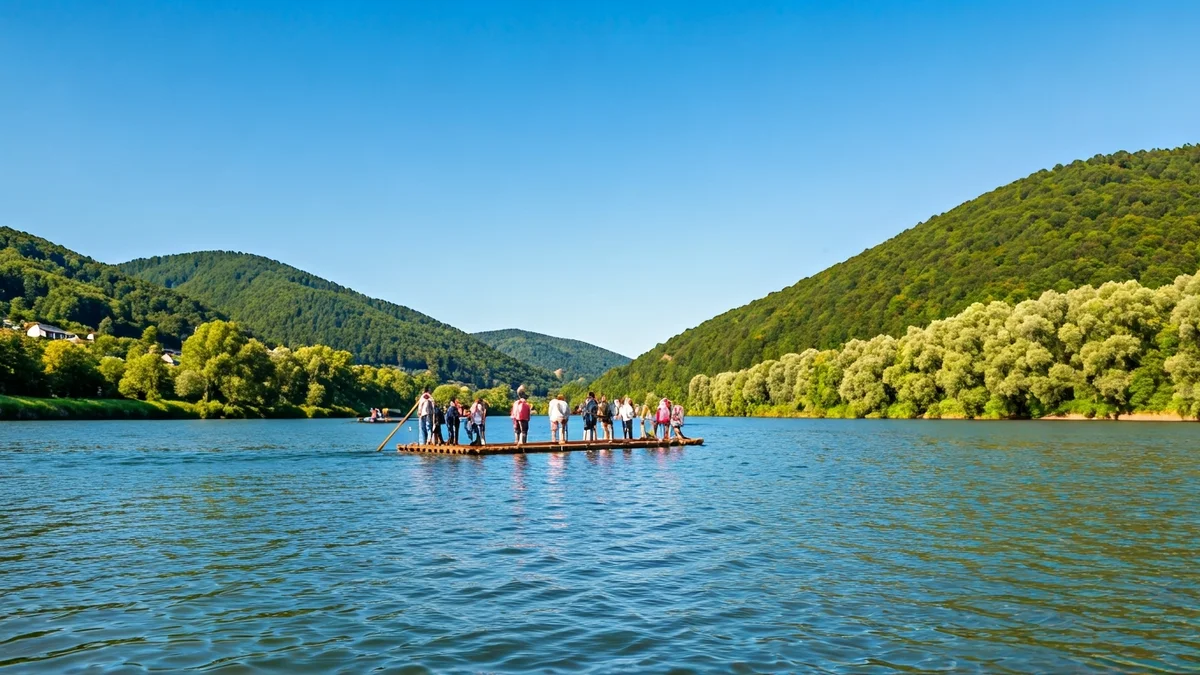 Imagen de una embarcación de raiers navegando por el río Segre en el Alt Urgell.
