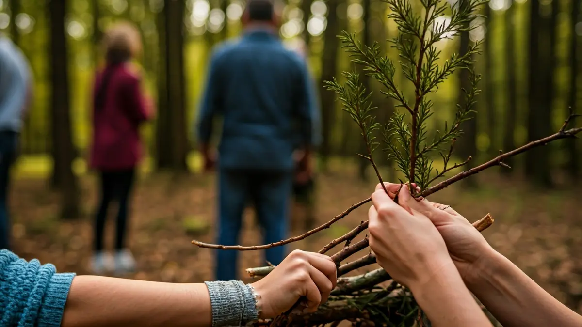 Imatge genèrica d'una família construint un refugi en un bosc.