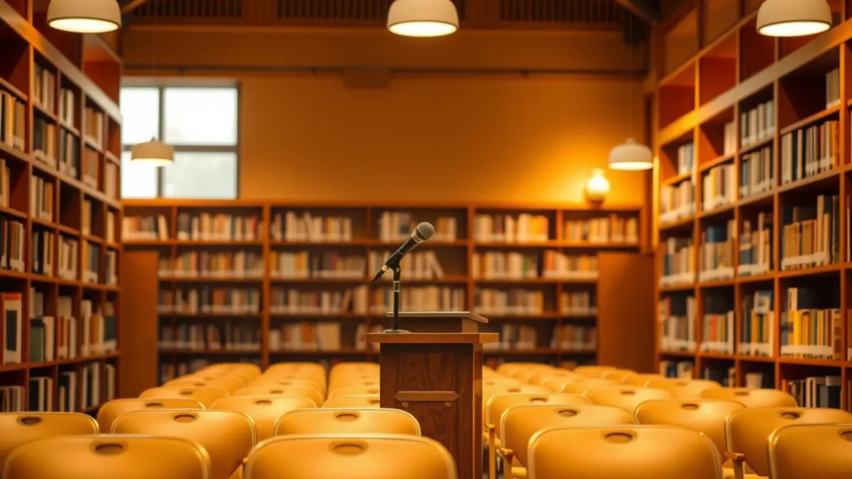 Generic image of a book presentation room with a lectern and empty chairs.