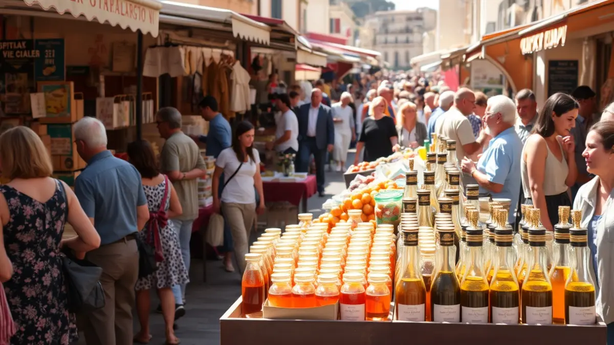 Imatge genèrica d'una fira amb productes locals com mel i oli.