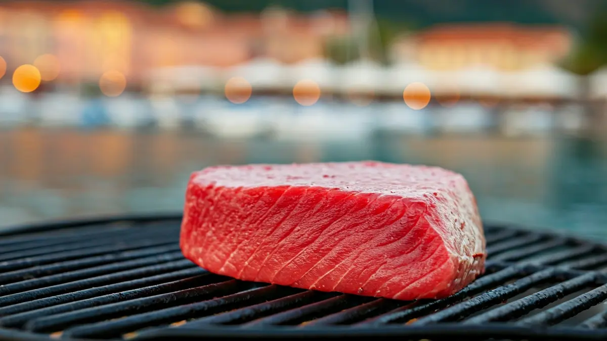 Imagen de un corte de atún rojo a la parrilla en un ambiente festivo.