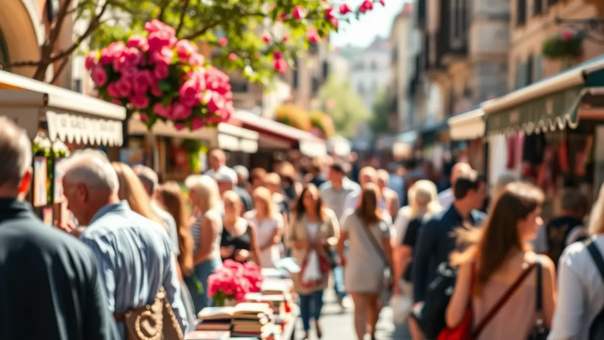 Image of a Sant Jordi celebration with people strolling among book and rose stalls.