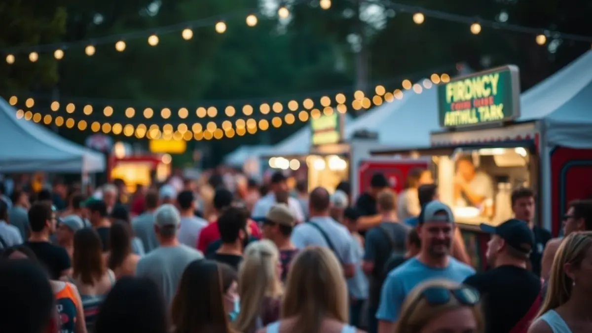 Generic image of a food truck festival with people enjoying the atmosphere.