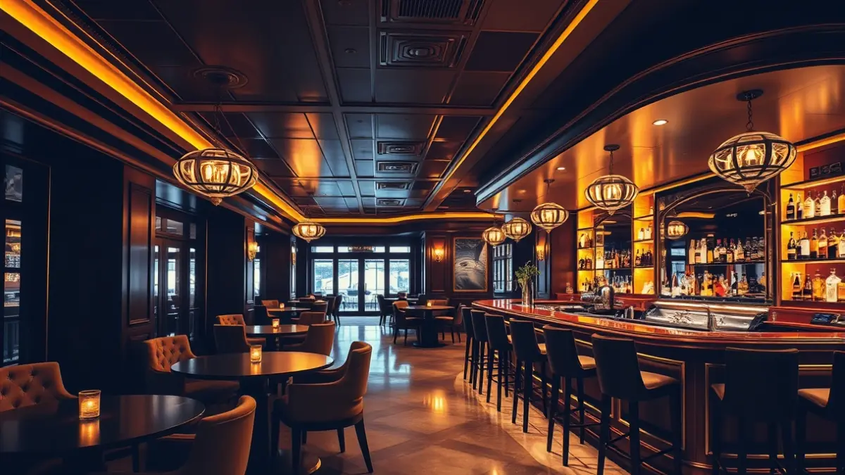 Imagen genérica de un bar sofisticado con acentos dorados y una barra prominente.