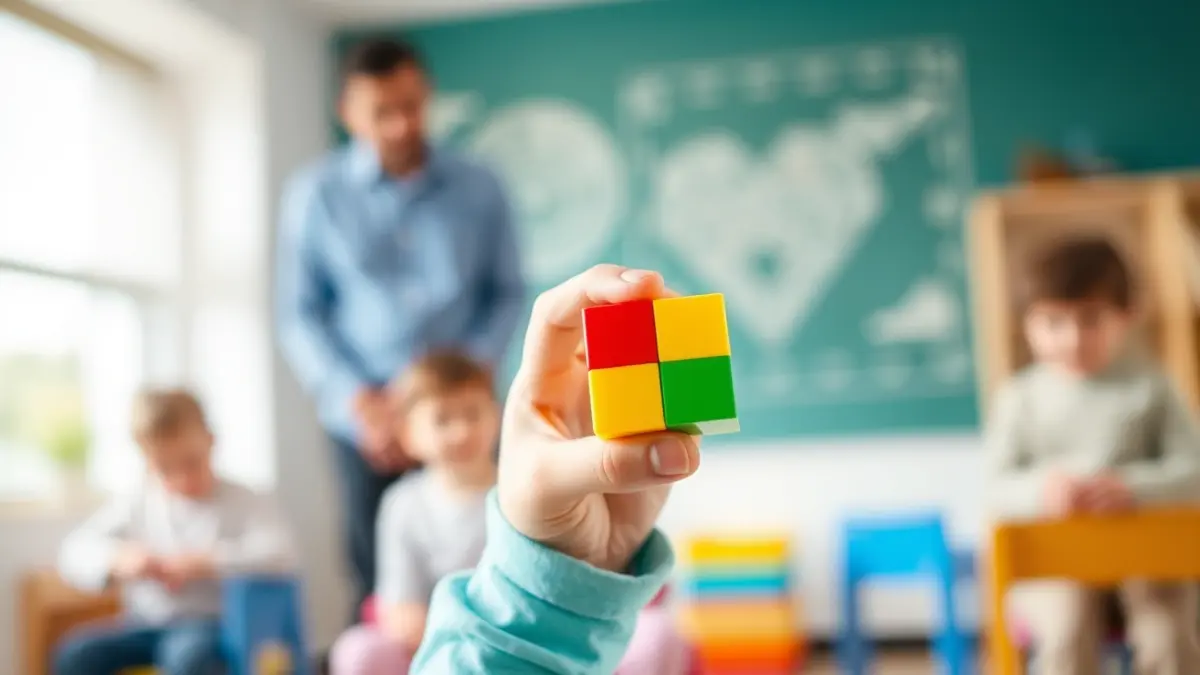 Imatge genèrica d'una mà de nen amb un bloc de construcció en una aula.