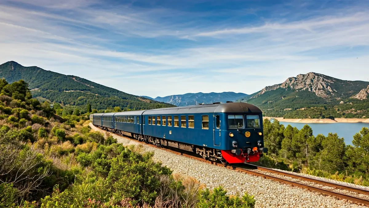 Imatge genèrica d'un tren turístic travessant un paisatge natural amb llacs i muntanyes.