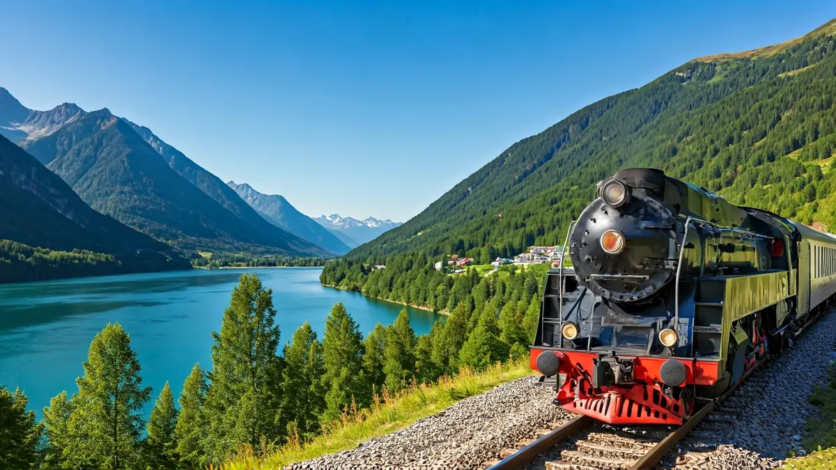 Image of a historic train traversing a mountainous landscape with lakes and rivers.