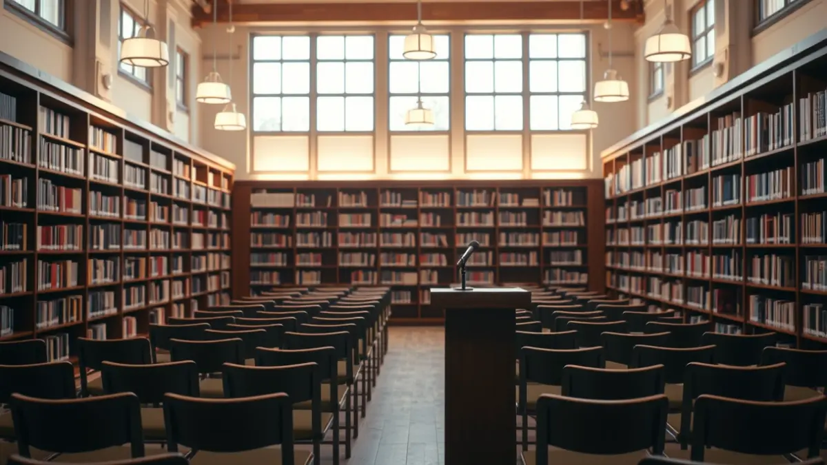 Imagen genérica de un auditorio o sala de conferencias con un podio y sillas vacías, iluminación cálida.