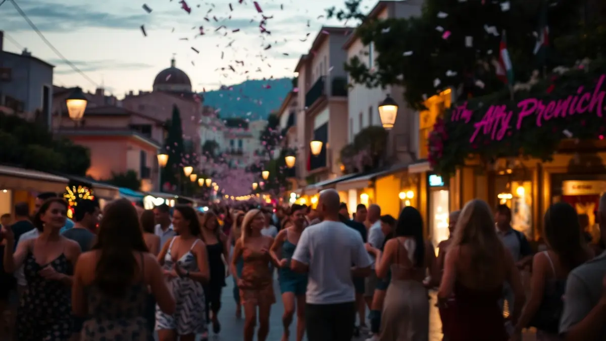 Imagen genérica de una fiesta popular con gente bailando y luces de la calle.