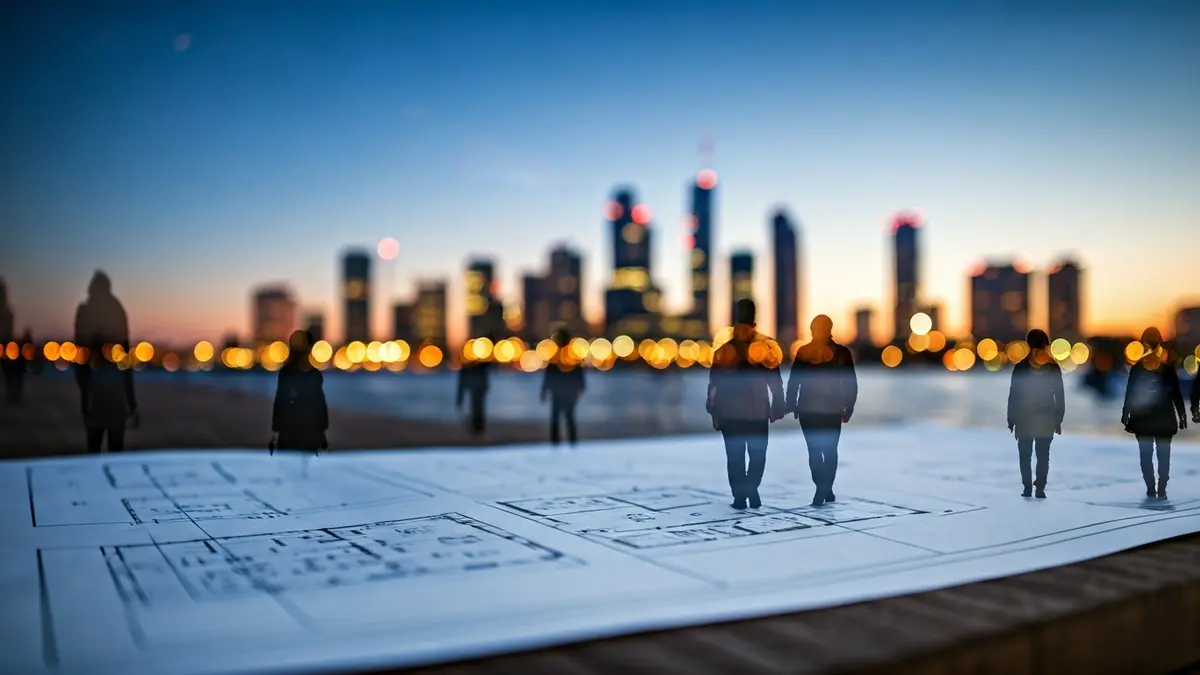 Imagen genérica de un plano arquitectónico con diseños de viviendas y un fondo urbano difuminado.