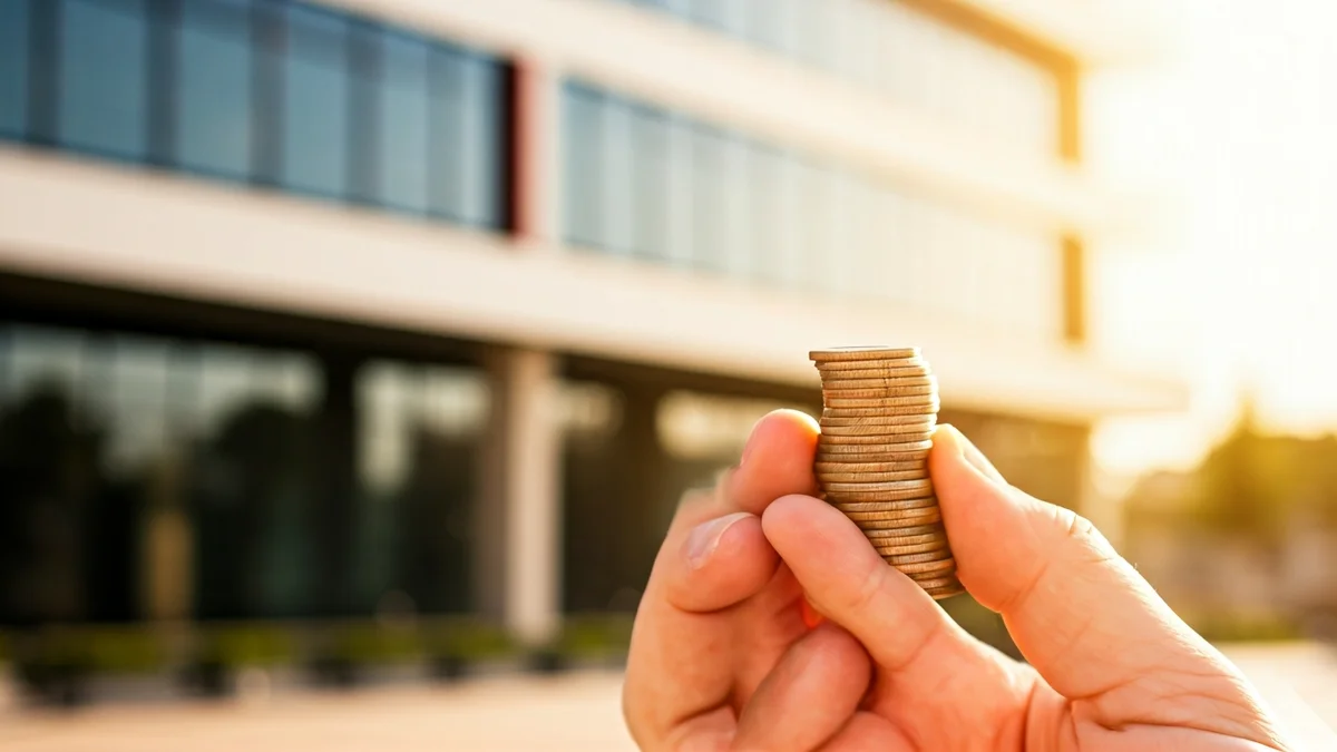 Generic image of a hand holding euro coins, with an office building in the background.