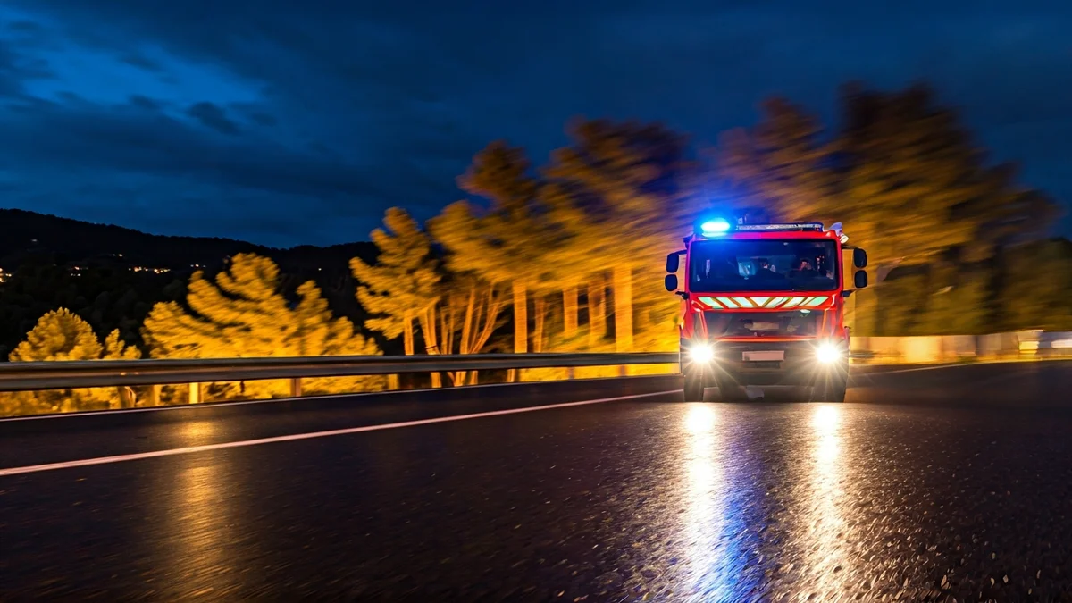Imagen genérica de luces de emergencia reflejándose sobre el asfalto mojado en una noche de viento.