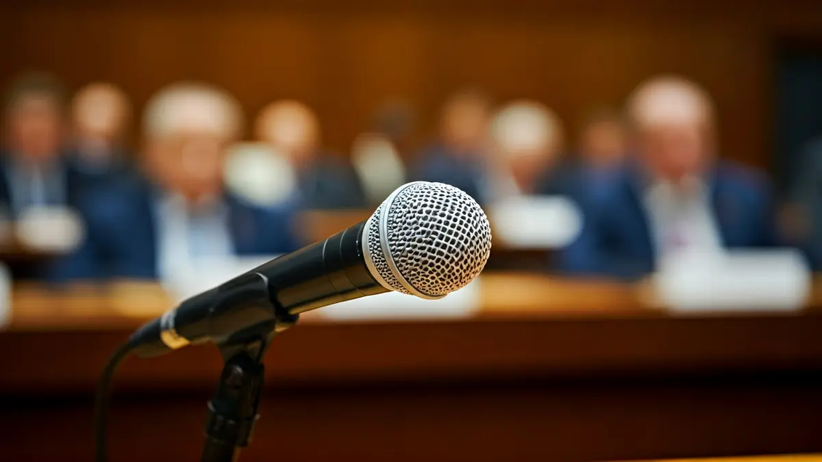 Imatge genèrica d'un micròfon en un faristol durant un congrés polític.