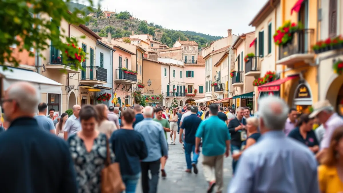 Imagen genérica de una plaza de pueblo mediterráneo con ambiente festivo.