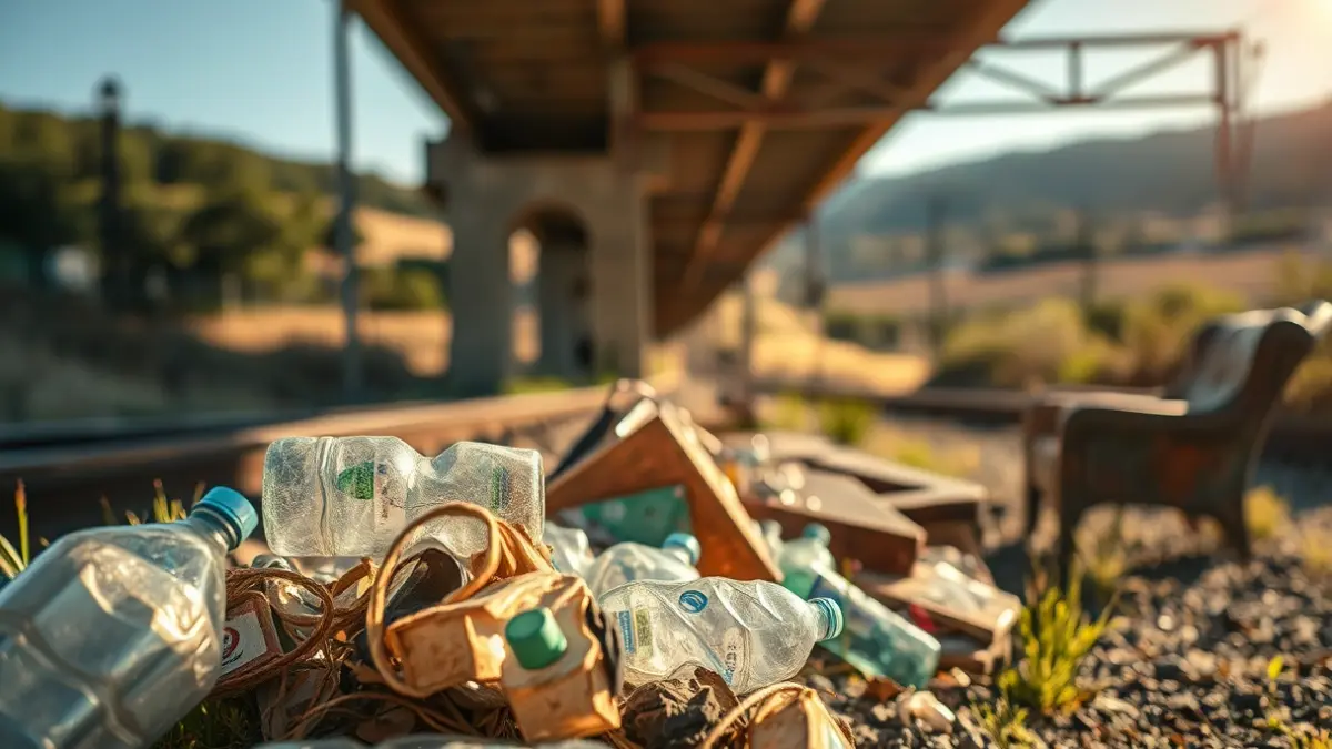 Residuos vertidos ilegalmente bajo un puente de ferrocarril en un entorno rural.