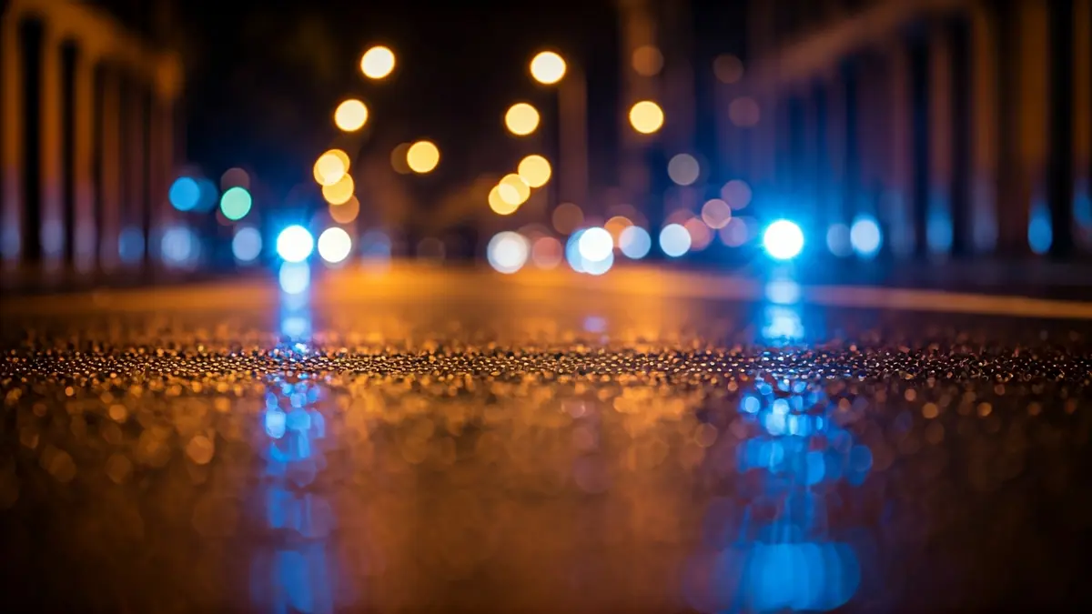 Imatge genèrica de llums d'emergència reflectint-se sobre l'asfalt mullat en una ciutat mediterrània.