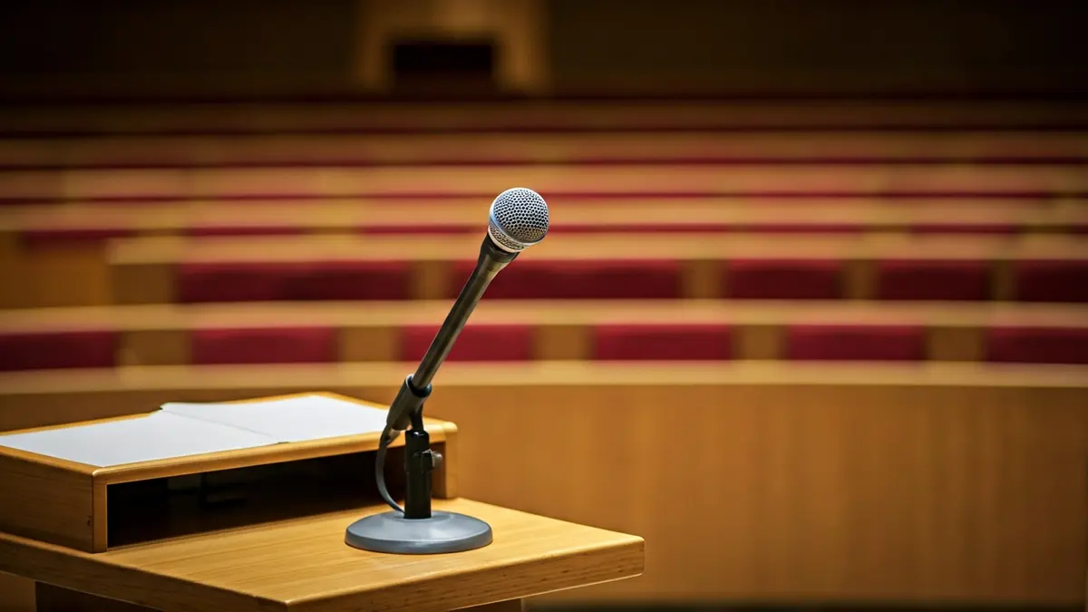 Generic image of a microphone on a podium, symbolizing political discourse.