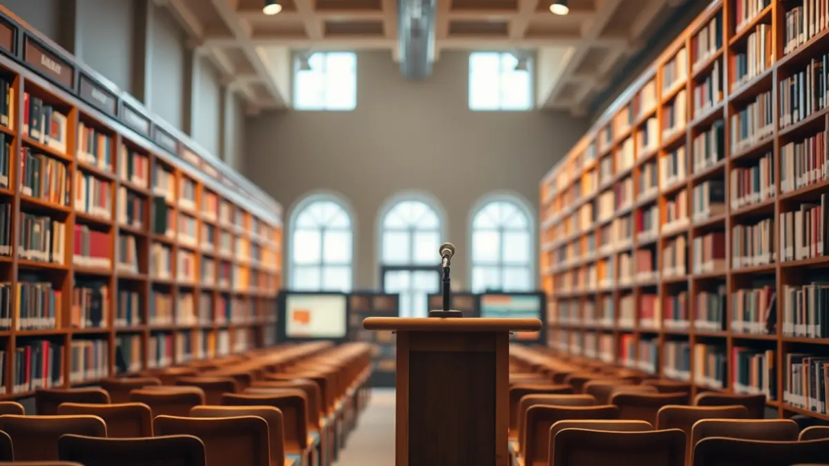 Imatge genèrica d'un interior de biblioteca amb prestatgeries de fusta i un podi amb micròfon, il·luminació càlida.