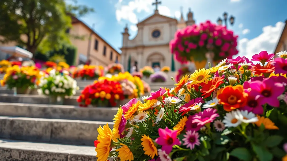 Imagen de un montaje floral en las escaleras de una catedral, con flores de colores vivos.