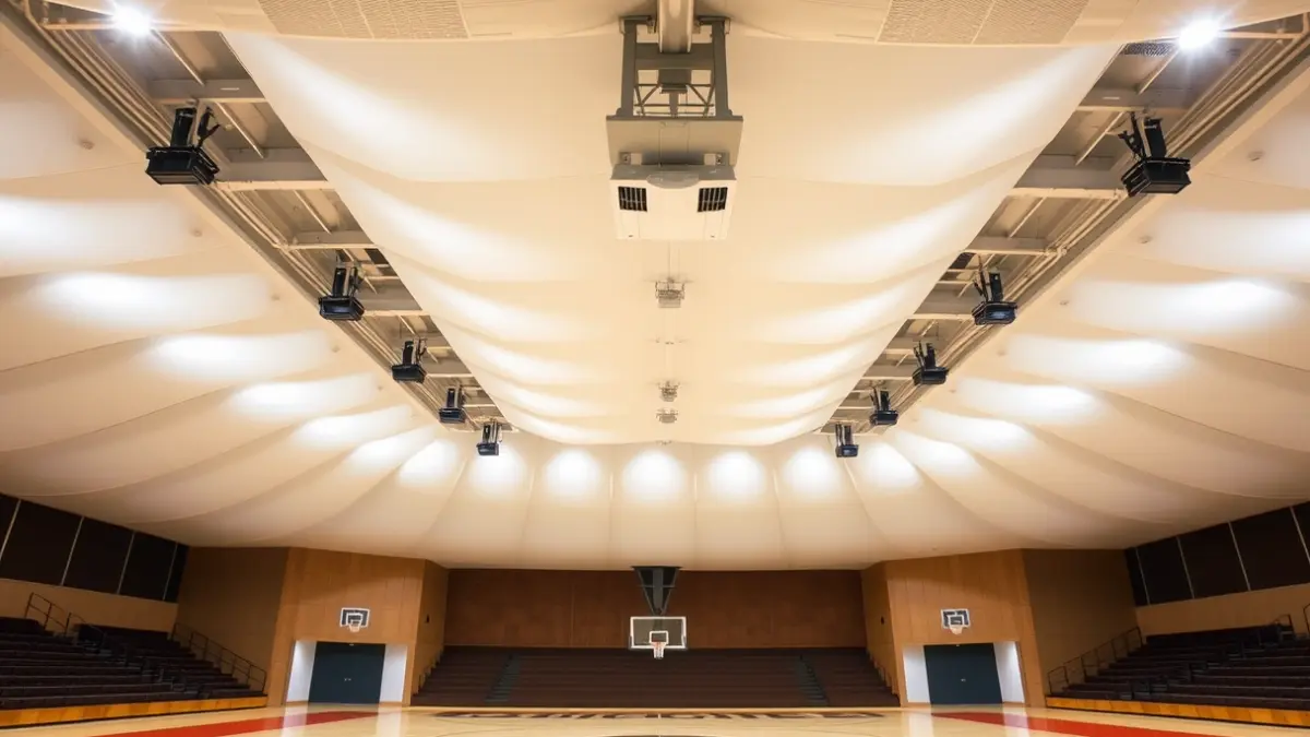 Projectors LED instal·lats al sostre d'un pavelló esportiu.