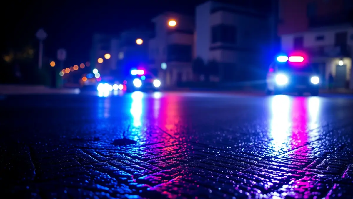 Generic image of police emergency lights reflecting on wet asphalt in a Mediterranean neighborhood.