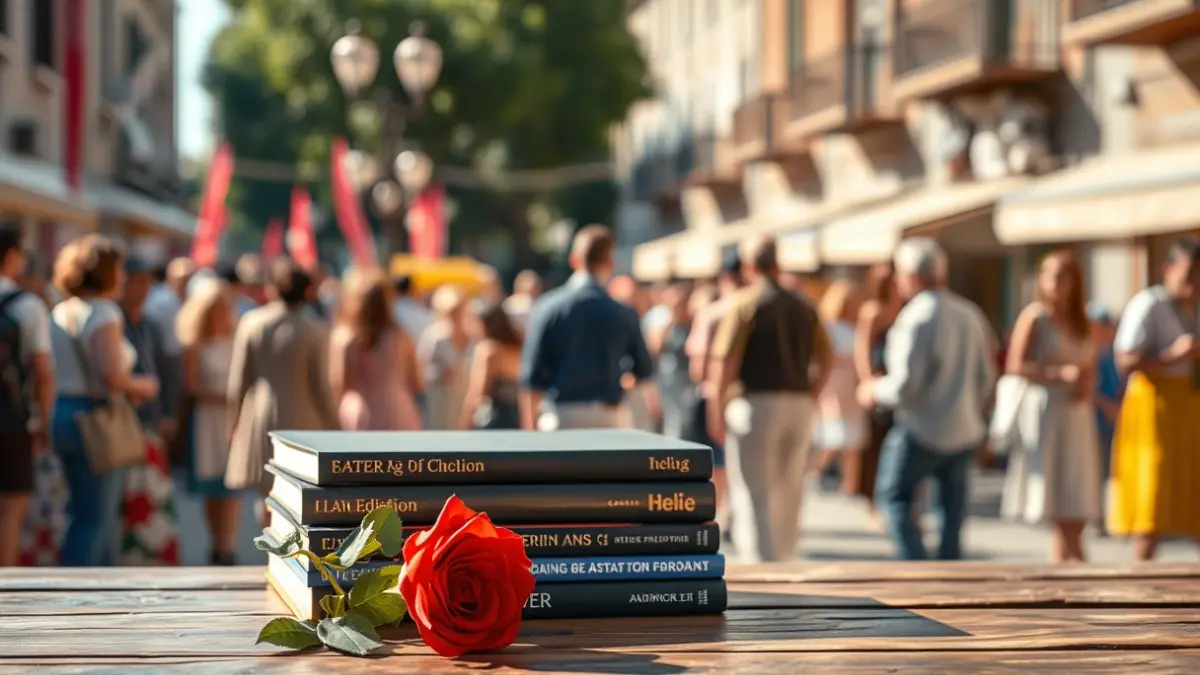 Imagen de una pila de libros y una rosa, símbolos de Sant Jordi, con un fondo desenfocado de gente celebrando.