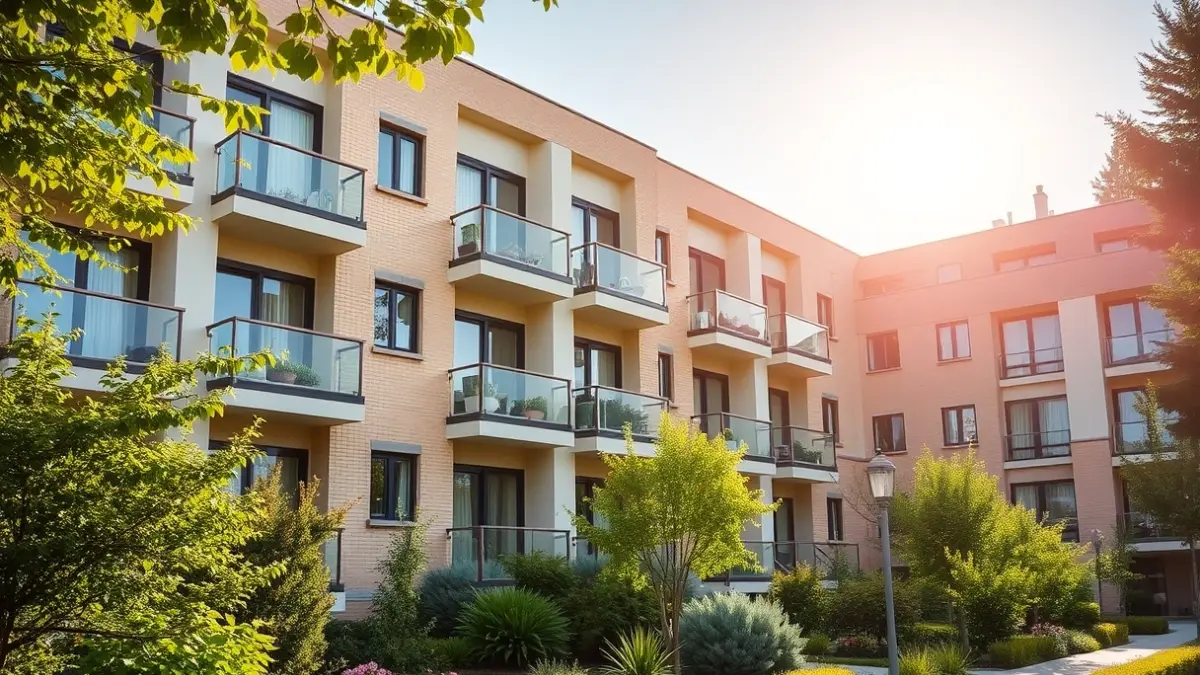 Image of a modern cooperative housing building with balconies and green areas, under the Mediterranean sun.