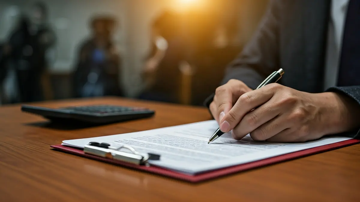 Imatge genèrica d'una mà signant un document, amb gràfics financers de fons.