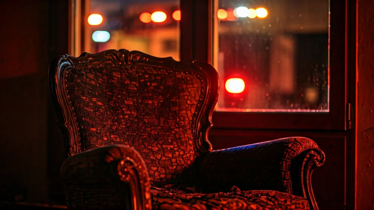Imagen genérica de un sillón quemado en una habitación, con luces de emergencia borrosas al fondo.
