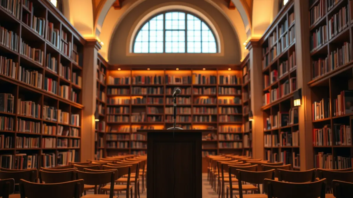 Generic image of a library with wooden bookshelves and a lectern, with warm lighting.