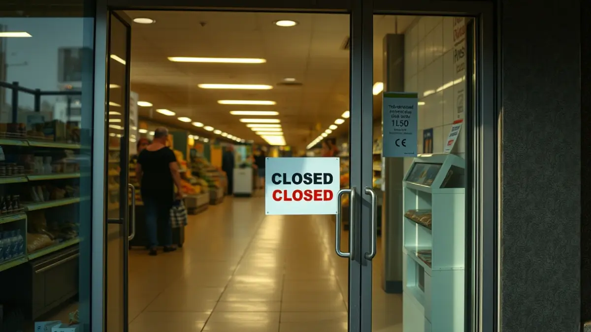 Imagen genérica de un supermercado cerrado con un cartel de 'cerrado' en la puerta.