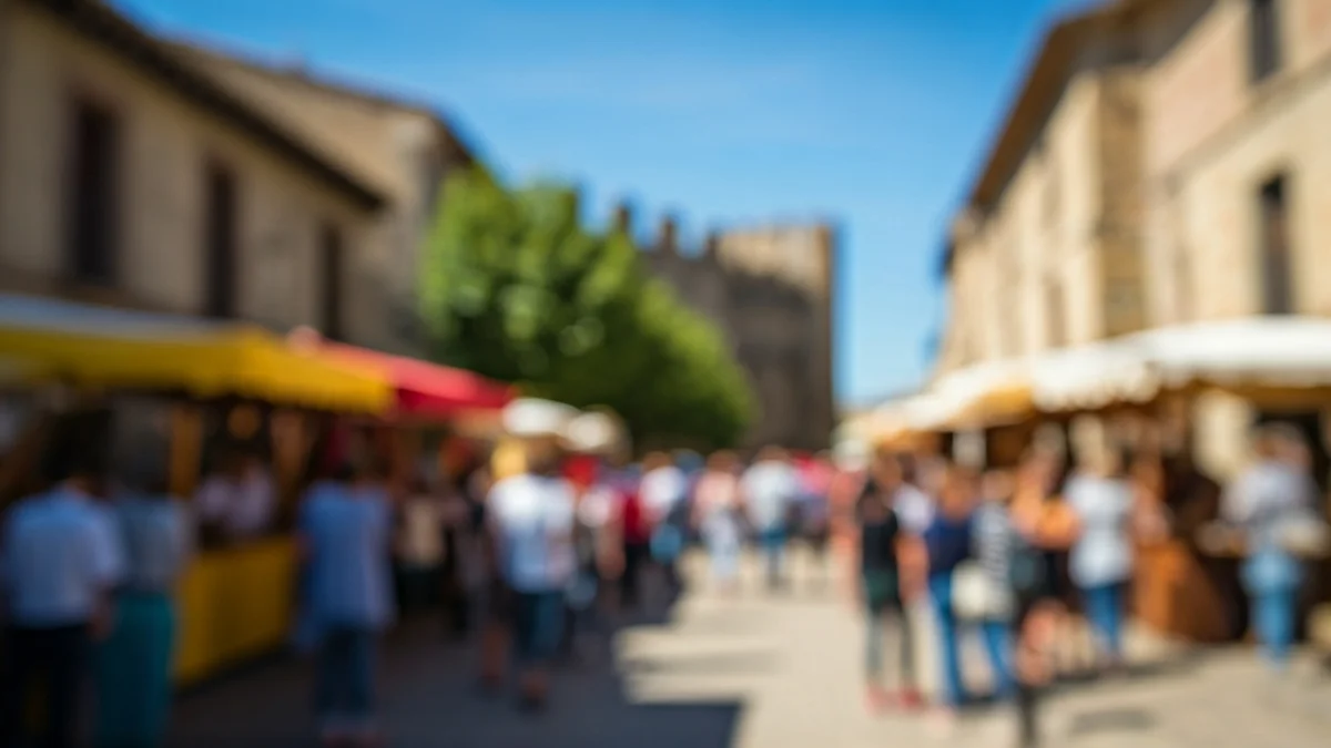 Imagen genérica de una feria medieval con gente y puestos.