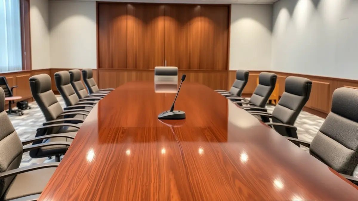 Imagen genérica de una sala de reuniones formal con una mesa larga y micrófonos.