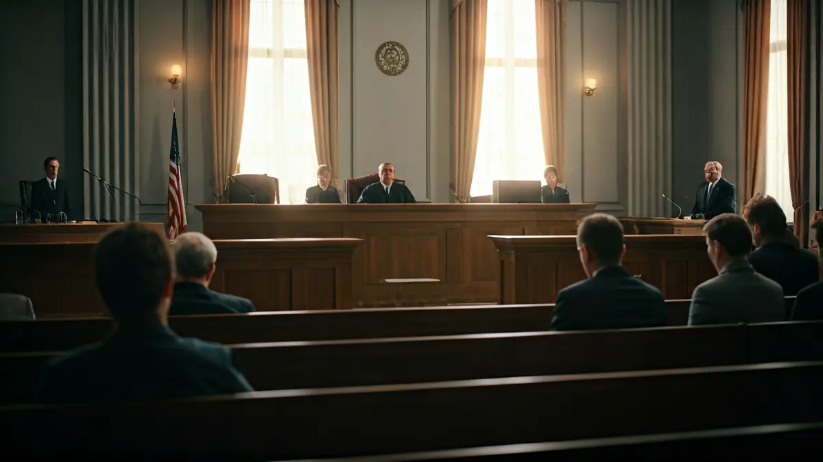 Imatge genèrica d'una sala de jutjats amb el banc del jutge i el lloc del testimoni.