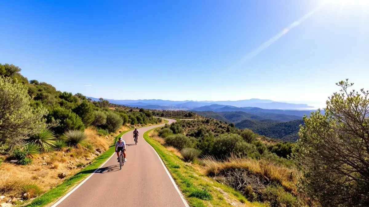 Image of a greenway with cyclists and pedestrians in a Mediterranean landscape.