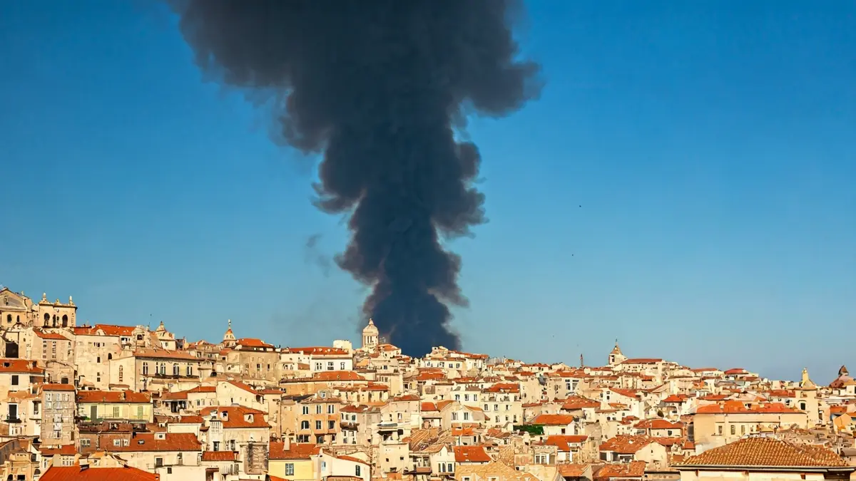 Imatge genèrica d'una columna de fum negre elevant-se sobre edificis en una ciutat mediterrània.