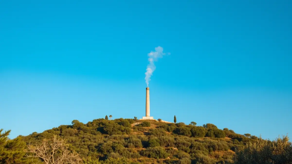 Imagen de una columna de humo elevándose sobre una zona verde cerca de una ciudad.