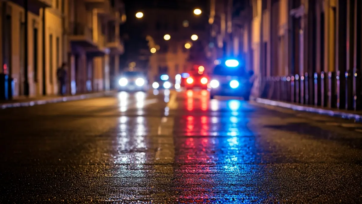 Imatge genèrica de llums d'emergència reflectides sobre asfalt mullat de nit.