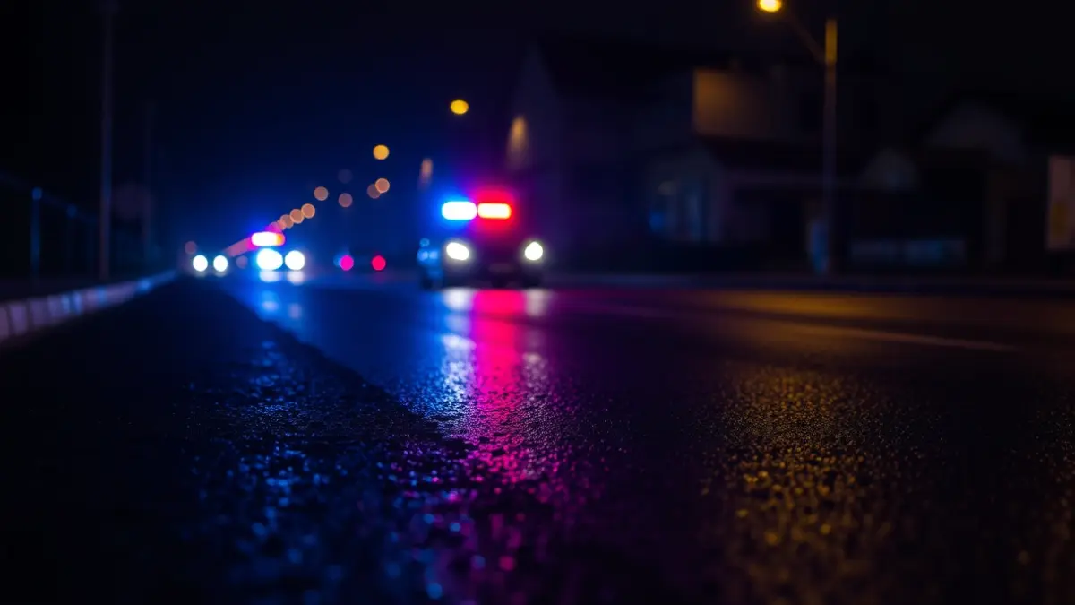 Imagen genérica de luces de emergencia reflejándose sobre el asfalto mojado de noche.