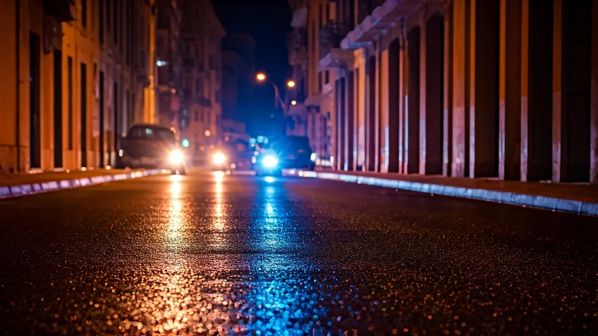 Imatge genèrica de llums d'emergència reflectint-se sobre l'asfalt mullat.