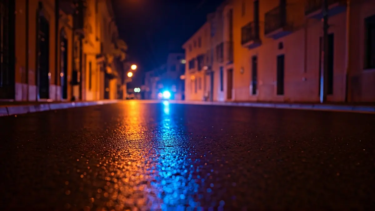 Generic image of emergency lights reflecting on wet asphalt.