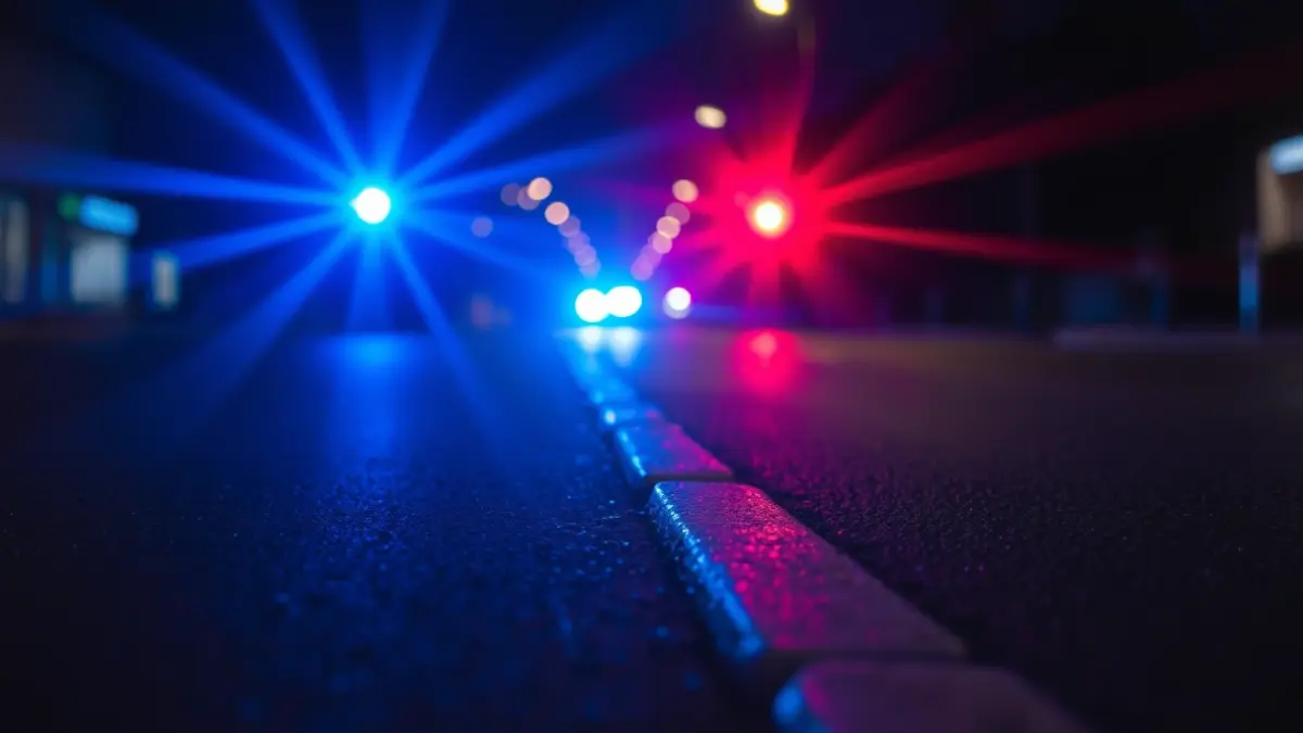 Generic image of emergency lights reflecting on wet asphalt in a Mediterranean urban setting.