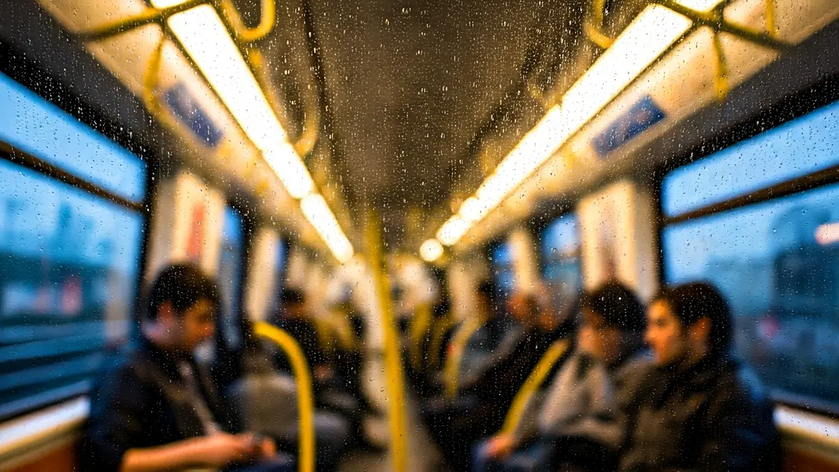 Imagen genérica del interior de un vagón de metro con pasajeros, con un ambiente de retraso o interrupción.