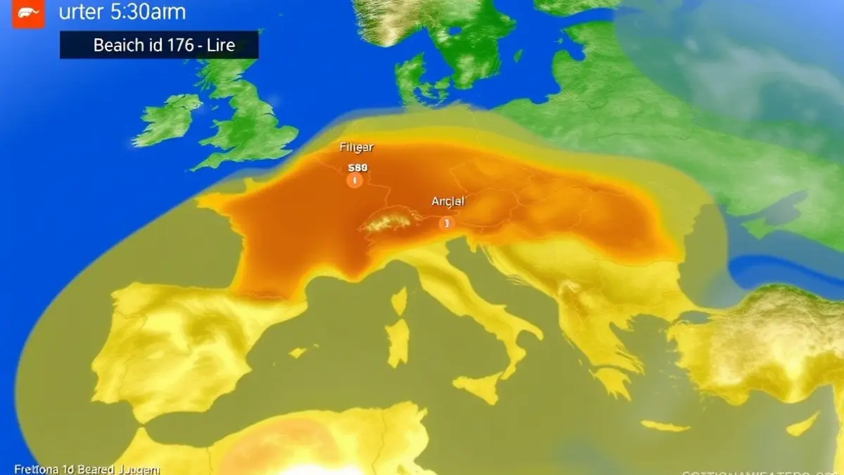 Generic image of a weather map with storm symbols and high temperatures.