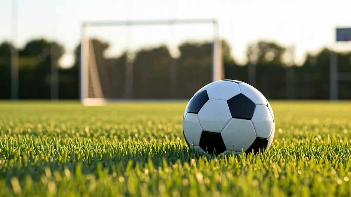 Generic image of a soccer ball on grass with a goal in the background.