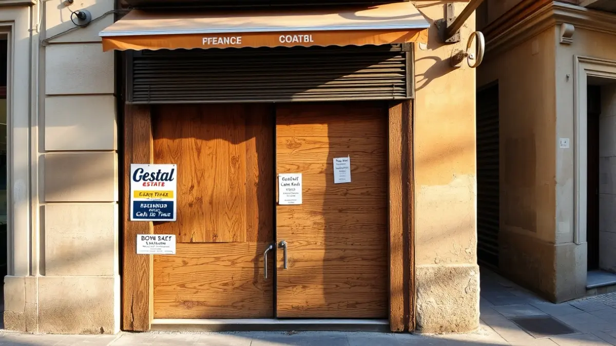 Façana d'un local comercial tancat amb fustes i anuncis immobiliàris en un carrer de Gràcia.