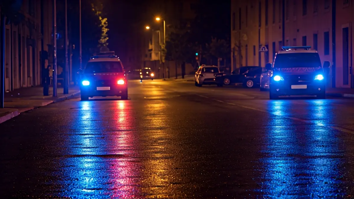 Generic image of emergency lights reflecting on wet asphalt in a Mediterranean urban setting.
