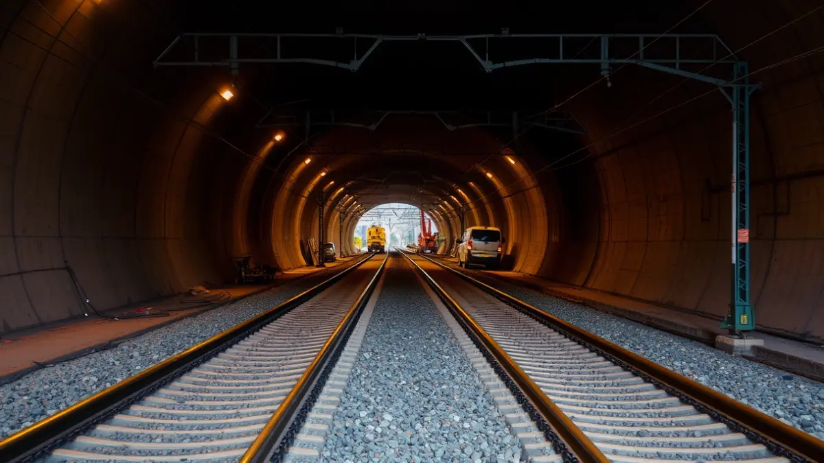Generic image of train tracks inside a tunnel with maintenance work.