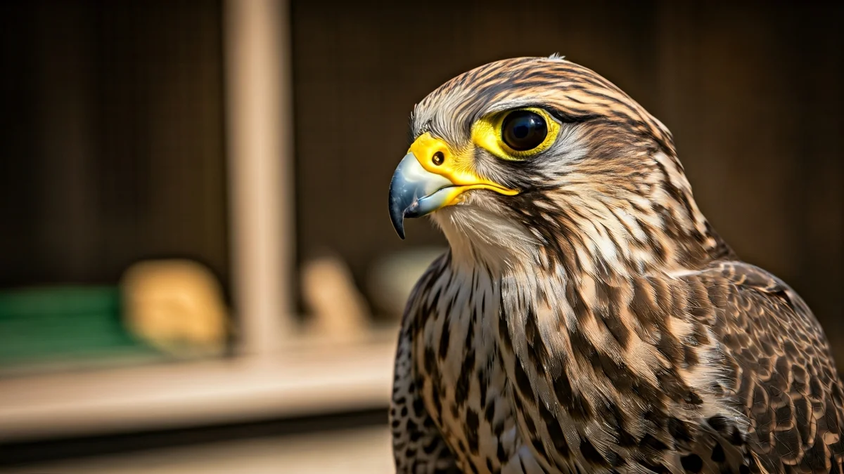 Imagen genérica de un halcón sacre en una mano enguantada, con un fondo desenfocado de un espacio deteriorado.