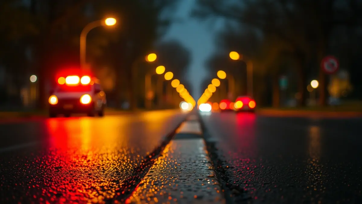 Imagen genérica de luces de emergencia reflejándose sobre el asfalto en una noche, con una calle arbolada de fondo.